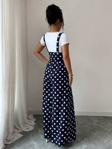 Elenzga Women's Polka Dot Pattern Wide Leg Loose Casual Jumpsuit - Blue - View 2