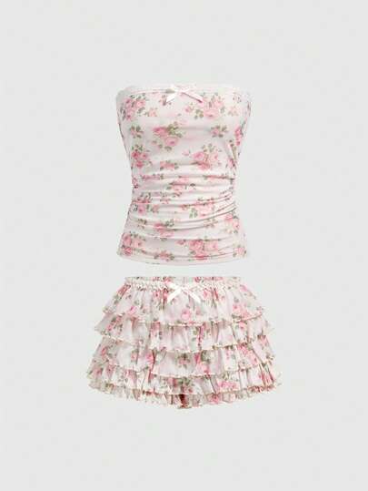 ROMWE J-Fashion 2件套 女士甜美碎花短裤