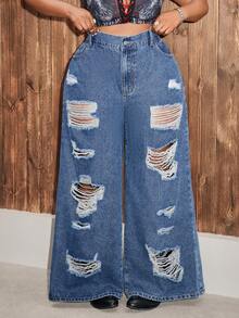 Slaydiva Plus Size Plain Simple Casual Distressed Denim Jeans - Blue - View 4