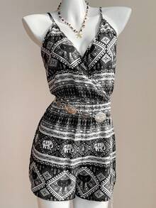 SHEIN EZwear Mono casual de vacaciones con estampado geométrico y drapeado para mujer - Negro - Ver 5