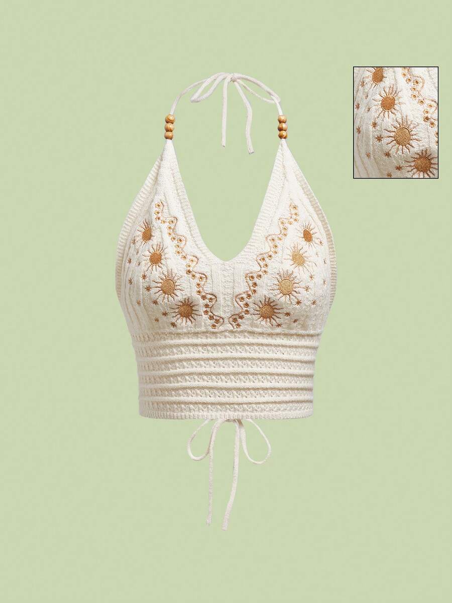 ROMWE Hippie Summer Embroidered Cross Strap Backless Halter Crochet Knit Top - Apricot - View 1