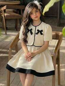 SHEIN Black And White Tween Girl 2026 Spring/Summer Elegant Bow Decor Jacket & Dress Set - Beige - View 7