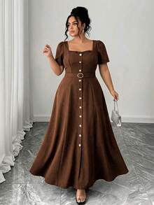 Elenzga 大码女士优雅布艺纽扣腰带装饰夏季短袖荷叶边领收腰A字连衣裙，适合办公室、通勤、约会、外出、复古风、毕业典礼、节日、情人节、音乐节、母亲节、万圣节、感恩节、复活节、国庆节、舞会、约会、派对、婚礼、户外活动等场合。 - 棕色 - 查看 6