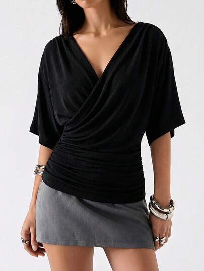 LYSMO 2026 New Minimalist Spring/Summer Women's Solid Color Overlapping V-Neck Batwing Short Sleeve Casual T-Shirt, Black