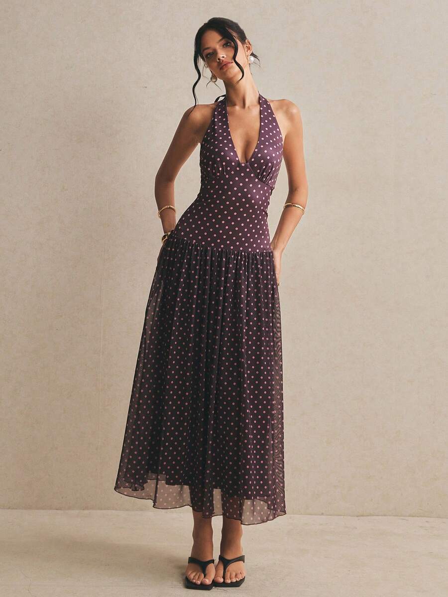 Poéselle Women's Polka Dot Print Casual Sleeveless Long Dress - Brown - View 1