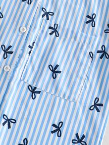 SHEIN Áo chống nắng kẻ sọc cho bé gái tuổi teen, mùa xuân/hè, kiểu Hàn Quốc, thích hợp cho kỳ nghỉ, mùa hè, du lịch. - Màu xanh lam - Xem 5