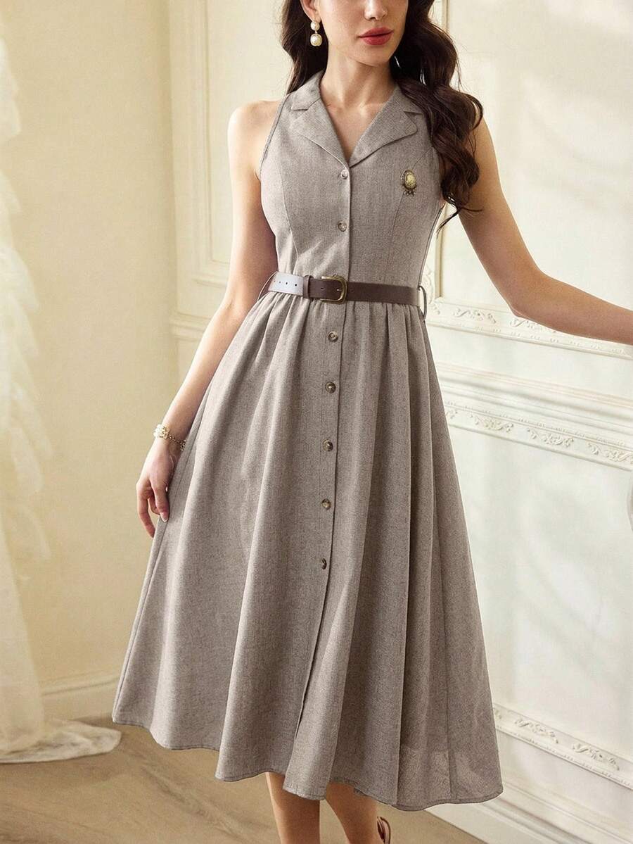 Vintamour Vintage Retro Elegant Women's Grey Autumn Office Shirt Dress With Pockets And Belt,Business Casual Wedding Guest Vacation Spring Summer Sun Dresses - Khaki - View 1