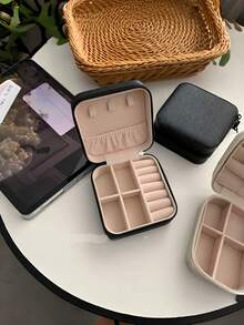 1PC Black Minimalist PU Leather Portable Jewelry Box For Women Rings Necklace Earrings Bracelet Travel Storage Organizer - A - View 2