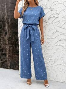 Editum 女士新款优雅圆领收腰阔腿裤，适合日常穿着和夏季度假，优雅连体裤两件套，女士优雅连体裤，春夏女装，复活节，优雅派对装，沙滩装，母亲毕业礼服，毕业礼服，伴娘礼服，婚礼宾客礼服，婚礼，女士度假装，夏季假日装，女士正式服装，Y2K，女士办公室装，女士休闲装，女士连体裤，女士休闲套装，女士夏季装，女士度假套装，女士夏季套装，女士夏季连体裤，女士夏季套装，女士春季装，女士休闲连体裤，女士优雅套装，女士休闲咖啡厅装，女士新款连体裤，Zanea连体裤 - 藍色 - 查看 4