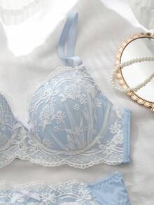 女士花卉蕾丝蝴蝶结装饰时尚内衣套装 - 淺藍色 - 查看 6