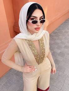 Elenzga Mono elegante de mujer con cuello en V, bordado floral, ajustado a la cintura, diseño de bajo contrastante, adecuado para uso diario, casual y ocasiones de fiesta, primavera/verano - Albaricoque - Ver 4