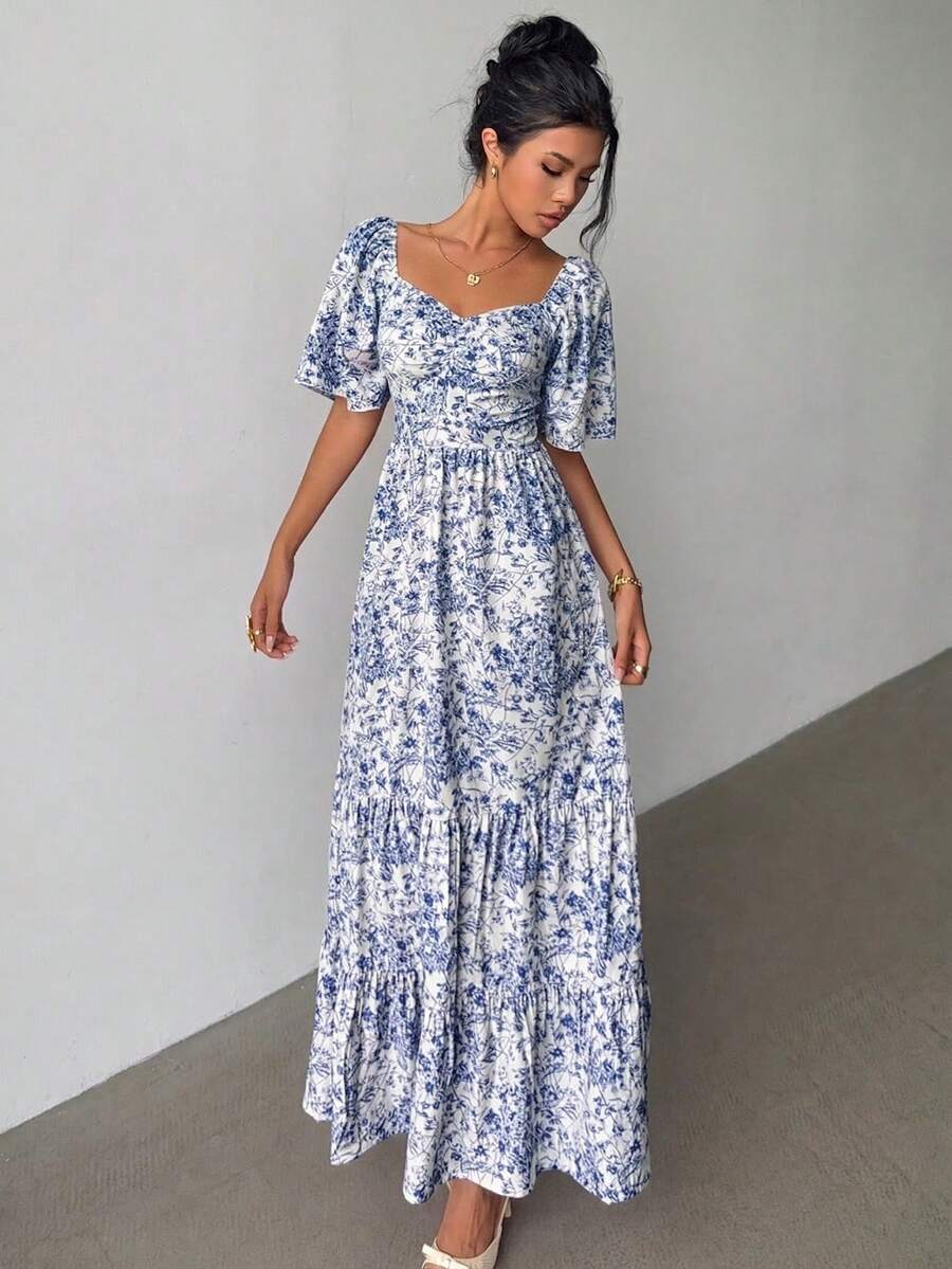 Selianne Đầm maxi hoa nhí tay ngắn mùa hè, thích hợp cho kỳ nghỉ biển, lễ hội âm nhạc. - Màu xanh lam - Xem 1