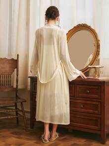 Côtesoire Women's Elegant Lace Patchwork Camisole Nightgown And Robe Set With Waist Tie, Suitable For Spring And Autumn - Yellow - View 2