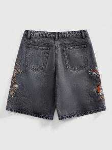 ROMWE MEN Street Life Men's Animal & Plant Embroidery Slant Pocket Casual Denim Shorts - Grey - View 2