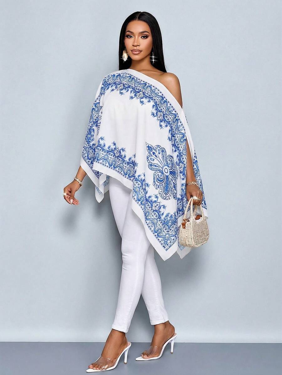 SOLERSUN Khăn choàng lệch vai dành cho nữ, vạt không đối xứng, họa tiết Paisley, phong cách đảo, thích hợp cho lễ hội âm nhạc, áo sơ mi mùa xuân/hè. - Màu xanh lam - Xem 1