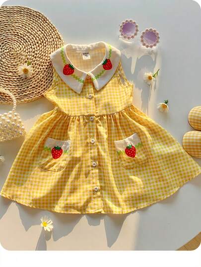 Baby Girl Summer Cute Yellow Plaid Strawberry Pattern Peter Pan Collar Dress