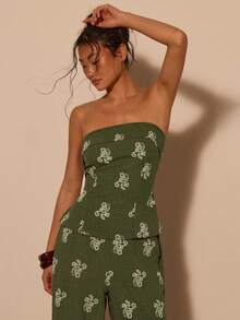 COSMINA Women's Elegant Casual Embroidered & Printed Bandeau Top And Pants Set - Green - View 6