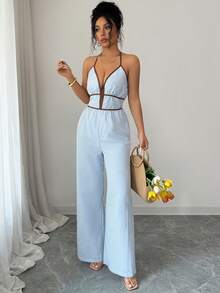 SHEIN Holidaya Bộ jumpsuit nữ thanh lịch và gợi cảm phong cách boho kẻ sọc cổ yếm ống rộng viền tương phản, trang phục mùa hè cho nữ, áo kiểu thường ngày cho nữ, áo đi nghỉ mát. - Màu xanh lam - Xem 10