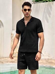 Mercer Haus Men's Summer Casual Solid Color Textured Fabric Half Zip Short Sleeve Polo Shirt & Shorts Set , Suitable For Summer Tropical Holiday Vacation In Hawaii. - Black - View 3