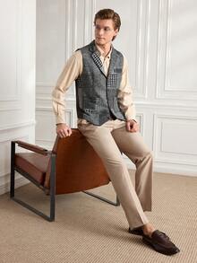 Officeau New Retro Patchwork Lapel Men's Suit Vest - Navy Blue - View 6