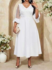 Fleurora 大码女式花卉刺绣网纱喇叭袖V领优雅连衣裙 - 白色 - 查看 6