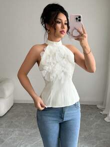 Rafferiza Áo cánh không tay cổ bẻ họa tiết hoa 3D thanh lịch dành cho nữ - Màu be - Xem 4