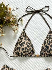 Swim Vcay Bộ bikini 3 mảnh dành cho nữ, họa tiết da báo, kiểu buộc dây cổ, kết hợp với quần tam giác thắt nút bên hông và quần cạp cao, thích hợp cho bãi biển và kỳ nghỉ, mùa xuân/hè. - Nhiều màu - Xem 4