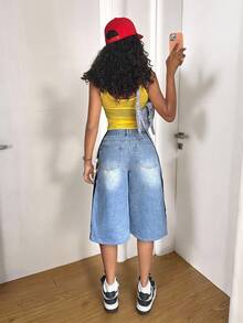 StreetHx Quần jeans nữ dáng lửng 7/8, kiểu dáng đường phố đa năng, phối nhiều mảnh vải, thích hợp cho mùa xuân/hè. - Rửa trung bình - Xem 2