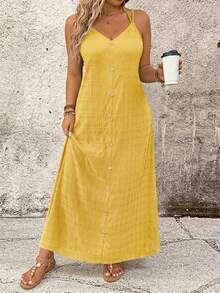 SHEIN LUNE Vestido casual de talla grande de un solo color con tirantes finos - Amarillo - Ver 5