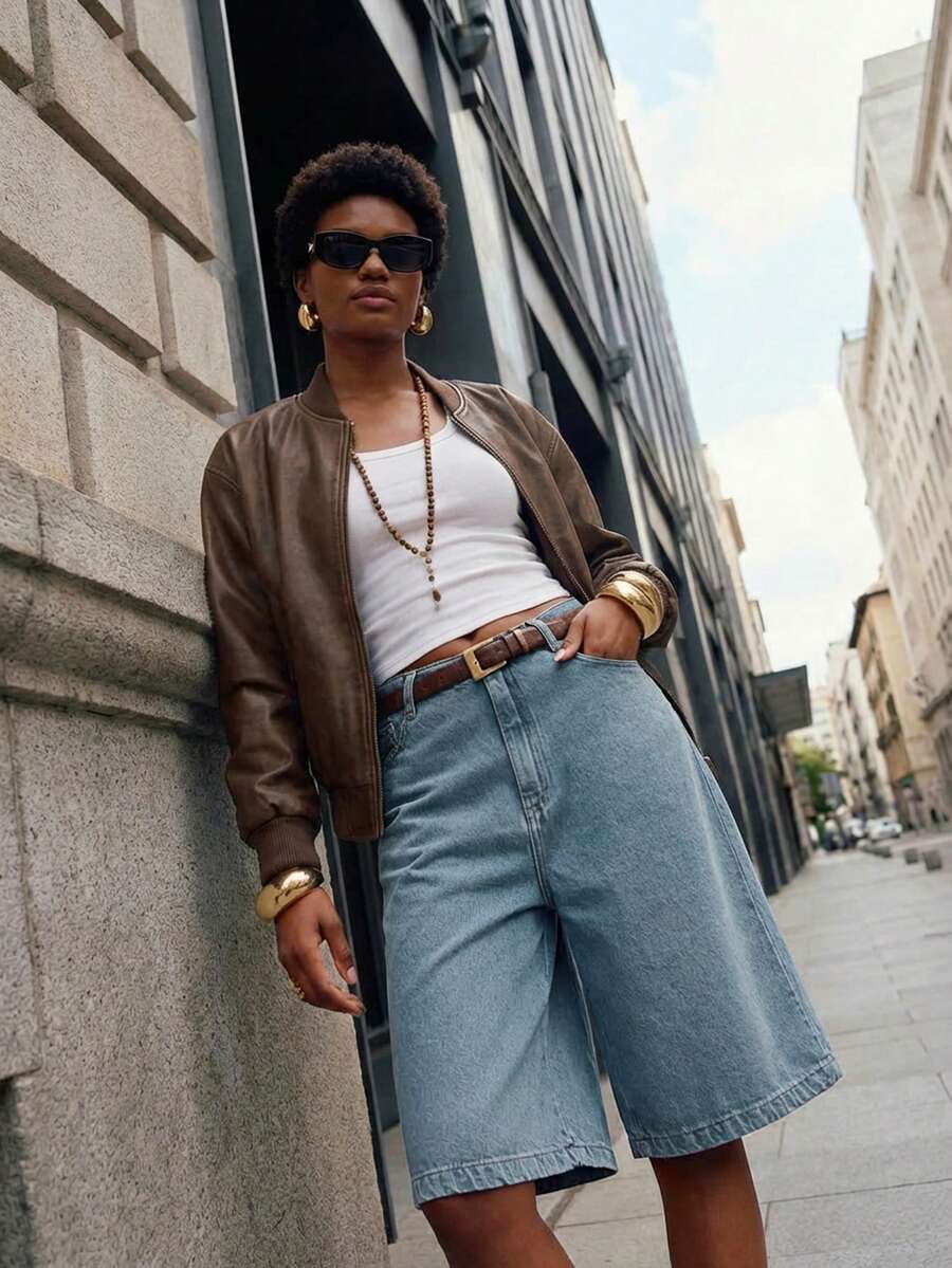 Daynim 斜插口袋百慕大牛仔短裤 - 深色水洗藍 - 查看 1