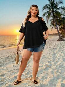 SHEIN CURVE+ Plus Size Women's Summer Vacation Casual Solid Color Off-Shoulder Short Sleeve Blouse - Black - View 6