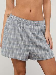 COUREZ Blue And White Check Mini Boxer Shorts With Elasticated Waist, Summer Casual Back-To-School Y2K For Women Festival Concert - Blue - View 4
