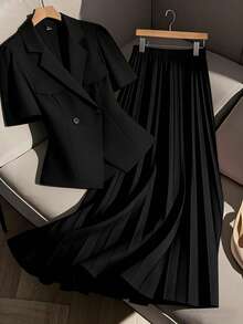 GlowEve CURVE Plus Size Women's Fashion Commuter Puff Sleeve Blazer + Plus Size Women's Fashion Commuter Pleated Skirt 2 Piece Set Two Piece Outfit Women - Black - View 1