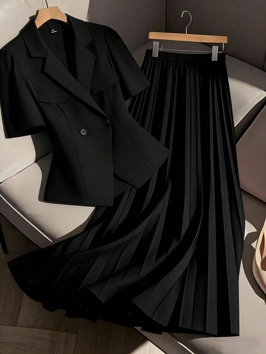 GlowEve CURVE Plus Size Women's Fashion Commuter Puff Sleeve Blazer + Plus Size Women's Fashion Commuter Pleated Skirt 2 Piece Set Two Piece Outfit Women - Black - View 1