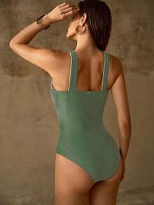 MOTF PREMIUM FASHIONABLE CONTRAST BINDING TWIST ONE-PIECE SWIMSUIT - Dark Green - View 3