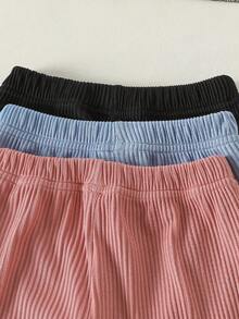 SHEIN Playful Pals 3件組女嬰純色休閒長褲，舒適時尚，適合春秋穿著 - 彩色 - 查看 3
