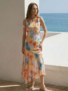 CielaLinda 女士印花蝴蝶结开衩无袖不对称长款连衣裙斜裁连衣裙浪漫度假连衣裙 - 彩色 - 查看 5