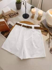 SHEIN Holidaya Women's Solid Color Pocket Casual Versatile Daily Wear Shorts - White - View 6