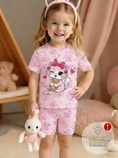 小女孩可爱粉色小猫卡通印花针织柔软透气面料甜美可爱夏季圆领短袖短裤紧身睡衣