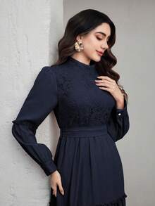 Graceveil Đầm ren phối màu trơn thanh lịch dành cho nữ, thích hợp mặc đi làm. - Màu xanh hải quân - Xem 7