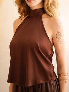 Ananda Vibes Áo ba lỗ hở lưng cho nữ, giản dị và thời trang để mặc hàng ngày Áo màu nâu sô cô la Áo hở lưng Áo hở lưng Áo màu nâu cà phê - màu nâu - Xem 5