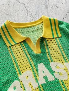 EVRINFINITE Top de punto calada con estampado de letras y rayas de color contrastante para hombres - Verde - Ver 5