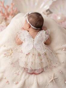 SHEIN Newborn Baby Girl Cute & Elegant Summer Mesh Floral Embroidery Dress - Apricot - View 2