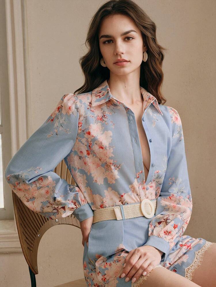 Elegant Women's Lantern Sleeve Blouse With Printed Pattern, Suitable For Spring And Festivals