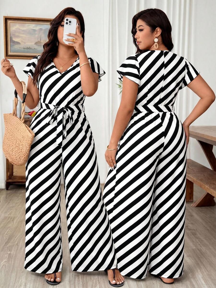 Elenzga Plus Size Women V-Neck Cap Sleeve Tie-Front Straight Leg Jumpsuit, Casual & Slimming - Black and White - View 1