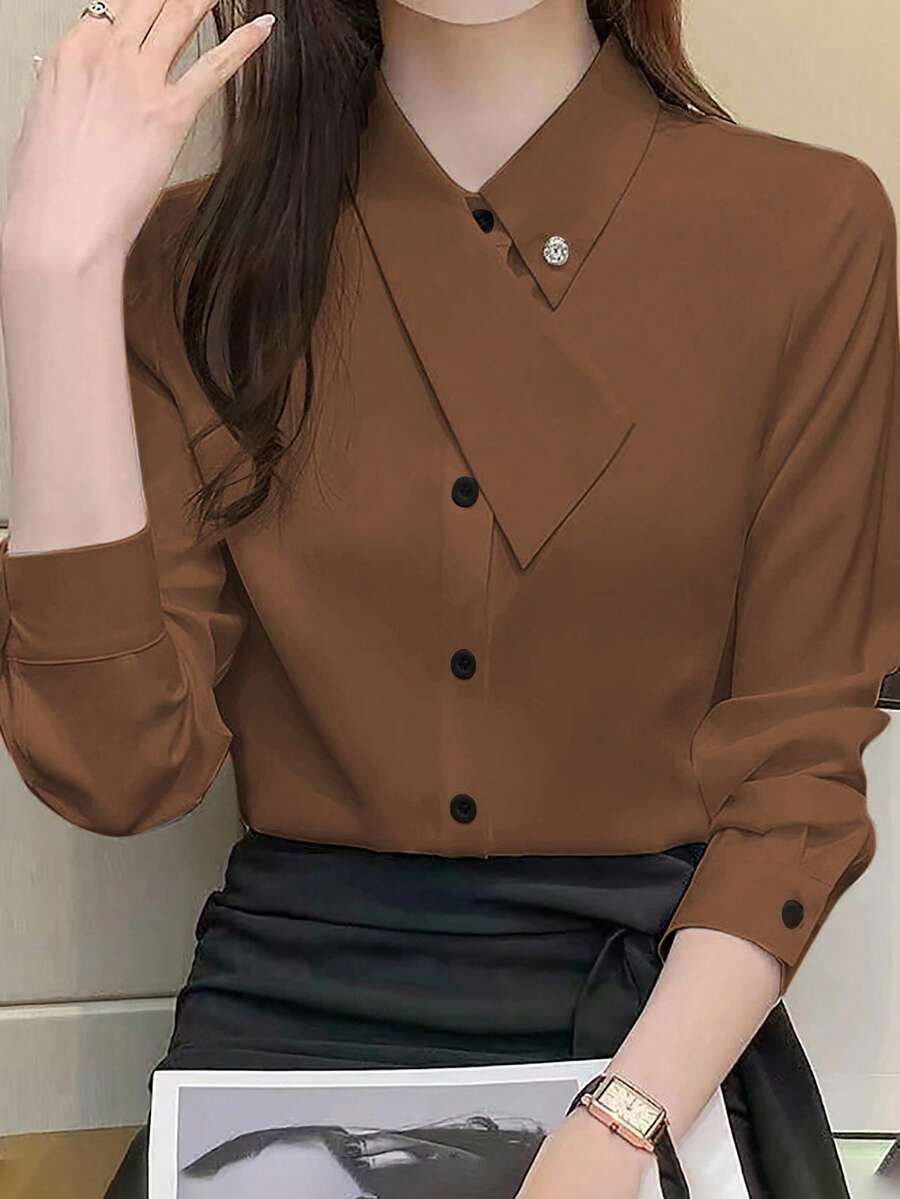 EMERY ROSE 不对称领百搭优雅通勤女式 T 恤 - 咖啡棕 - 查看 1