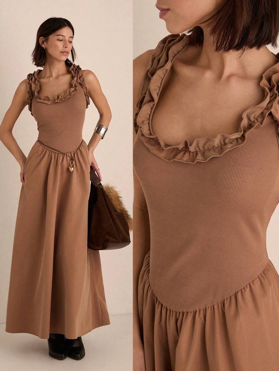 Easelle Vestido largo de verano con cuello de barco, cintura ceñida y decoración de volantes en un estilo elegante y sencillo para vacaciones, de color liso - Marron oscuro - Ver 1