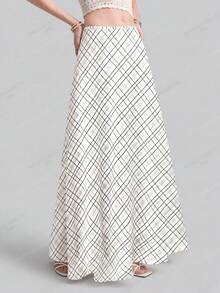 Ontre 女士半身裙，米色和咖啡色格纹面料，舒适亲肤的梭织面料，宽松版型，隐形拉链，现代都市时尚商务休闲办公装，春夏皆宜，低调复古风，高品质，适合机场、邮轮、婚礼宾客、度假等场合，简约奢华感，百搭，高端面料，四季皆宜，度假休闲，时尚畅销款 - 白色 - 查看 1