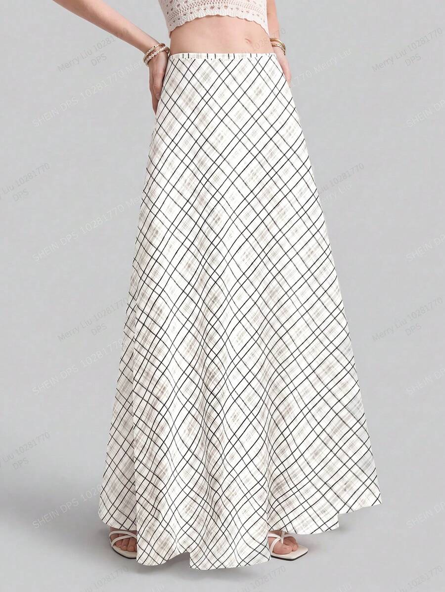 Ontre 女士半身裙，米色和咖啡色格纹面料，舒适亲肤的梭织面料，宽松版型，隐形拉链，现代都市时尚商务休闲办公装，春夏皆宜，低调复古风，高品质，适合机场、邮轮、婚礼宾客、度假等场合，简约奢华感，百搭，高端面料，四季皆宜，度假休闲，时尚畅销款 - 白色 - 查看 1