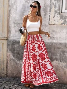 SHEIN PETITE Chân váy midi họa tiết hoa hình học đỏ trắng, eo chun co giãn + gấu váy xòe xếp tầng, kiểu dáng váy dài đi nghỉ mát. - Đỏ - Xem 6